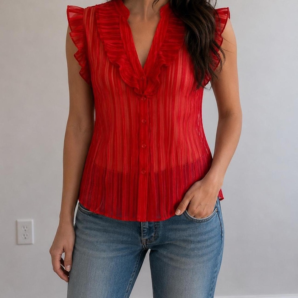 Rickis Sheer Cherry Red‎ Striped Blouse Y2K Ruffle Women 6 Coquette Whimsygoth